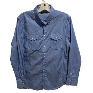 Buckle Black brand blue button down shirt with white stripes and diamonds